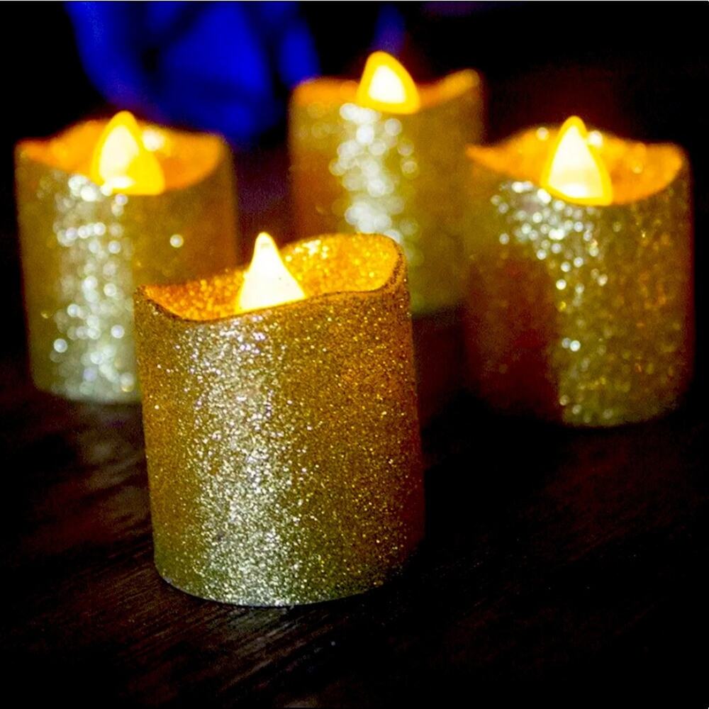 Gold Glitter Flameless Candles LED, Set Of 12
